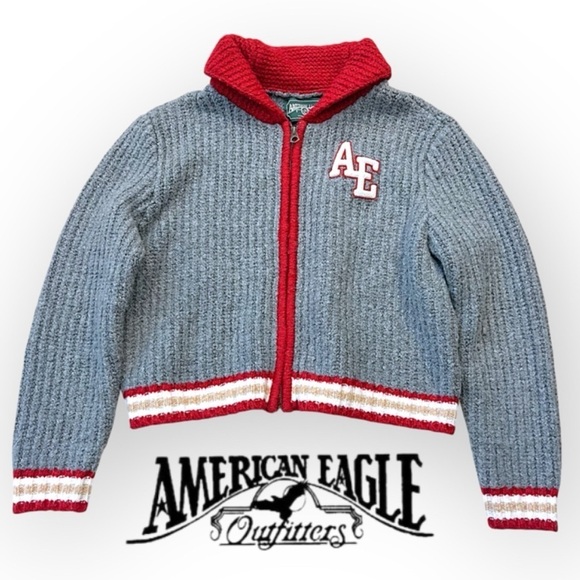 American Eagle Outfitters Sweaters - American Eagle Y2K Vintage Varsity full zip cardigan Sweater, grey and red,sz M